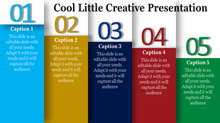 Creative PowerPoint template showcasing five numbered sections, each with a colorful background and content.