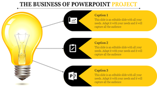Golden lightbulb on the left with three horizontal black and yellow text boxes, each containing icons and captions.