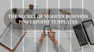 Slide featuring a modern business layout with text and a background of a workspace.
