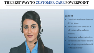 Customer care slide featuring a woman with a headset on the left and a blue caption text box on the right.