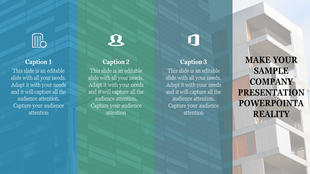PowerPoint slide for a company presentation with sections and professional icons.