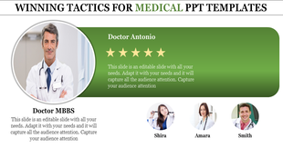 Medical slide featuring a doctor in a circular frame, a green section with stars, and three team member images below.