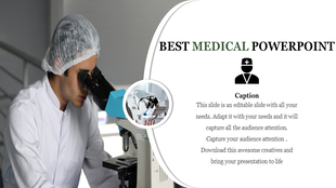 PowerPoint slide with a medical professional in a lab coat using a microscope in a medical setting with a caption.
