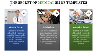 Medical slide with images of a general doctor, BP checkup, and an operation theatre with price labels and placeholder text.