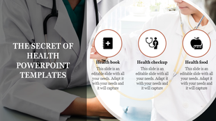 Health template showcasing three medical icons on a white circular frame, overlaid on a doctor consultation backdrop.