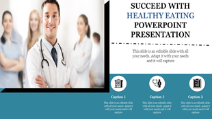 Healthy eating slide featuring a smiling male doctor in a lab coat with two blurred medical professionals in the background.