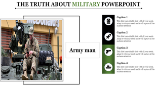 Military themed slide with a soldier sitting on a vehicle, with four icons and captions listed on a black and green sidebar.