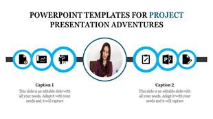 Woman in purple shirt with a template header, featuring six icons with captions for project presentation slides.
