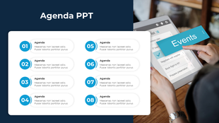 A PowerPoint slide showing an agenda with numbered items and a tablet displaying events and tasks on the side.