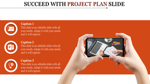 Orange layout with three circular icons and captions, and hands holding a smartphone showing a desk setup on the right.
