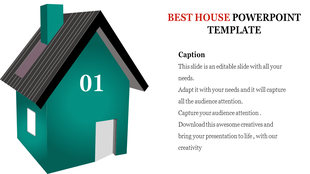 3D teal house illustration labeled 01 with black roof and text on the right, set against a white background.
