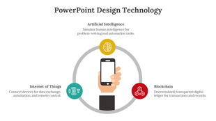 A hand holding a phone in the center surrounded by a circular layout, with icons in yellow, teal, and red.