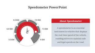 PowerPoint speedometer template with a gauge reading from 5.5 to 8.0 km and an informational text box on the side.