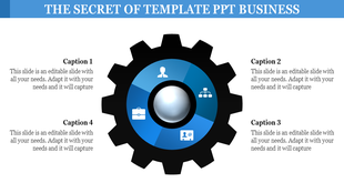 Black gear business graphic with a blue gradient center, featuring icons and surrounded by four captions areas.