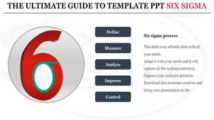 Six Sigma PPT slide featuring the symbol and the five steps Define, Measure, Analyze, Improve, Control with placeholder text.