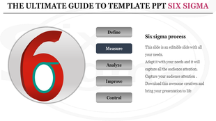 A Six Sigma PowerPoint slide featuring a large 6 symbol and the six steps Define, Measure, Analyze, Improve, Control.