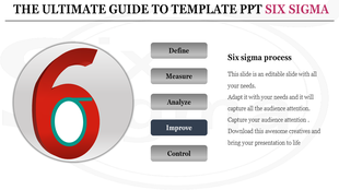 Six sigma template with a gray background, featuring red numeral 6, and vertically arranged process steps on the right.