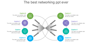 Networking diagram with two mirrored grey arrows in the center, surrounded by eight colorful icons and captions.