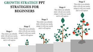 Business growth concept illustrated as a tree, with leaves and branches linked to five captions areas.