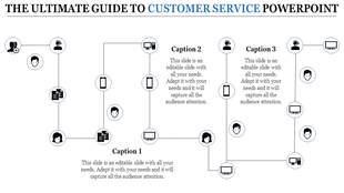 A slide on customer service strategies, displaying a network of icons connected by dotted lines with placeholder captions.
