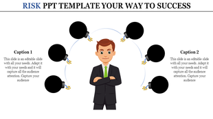 Risk PPT template featuring a businessperson surrounded by six lit bombs arranged in a semicircle.