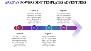 Slide showcasing a colorful arrow with steps labeled 01 to 04 in circles and corresponding captions positioned around it.