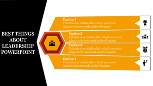 Horizontal leadership template with four captions in orange bars, each ending with unique leadership-related icons.
