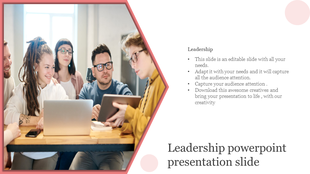 Team discussion scene within a pink edged frame, paired with descriptive text on a white layout with soft circles.
