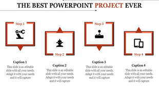 Project PPT slide with four steps illustrated with icons for automation, robotics, control, and devices with captions.