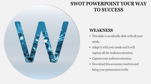 SWOT PPT slide with a large letter W representing Weakness, featuring a water themed background and a strong figure icon.