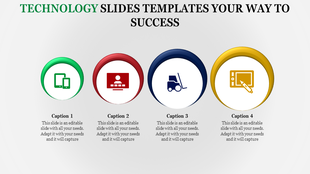 Technology themed slide featuring green, red, blue, and yellow circular icons with matching descriptions underneath.