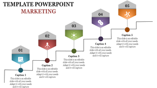 Marketing PowerPoint template with five steps, each featuring a different icon and captions.