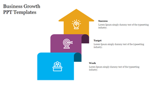 Three overlapping colorful steps in blue, purple, and yellow with icons representing business concepts.