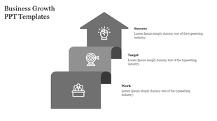 Gray staircase diagram with three steps leading to an arrow, each featuring an icon and text on the right.