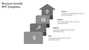 A gray staircase with icons representing success, solution, analysis, and idea stages in a business growth process.