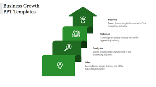 Business growth PowerPoint template showing steps with icons from success to idea with placeholder text.