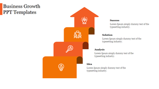 Business growth template showcasing a four-step orange staircase with icons and captions aligned on the right.