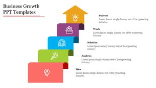 A colorful staircase slide with icons representing stages of business growth from success to idea with placeholder text.