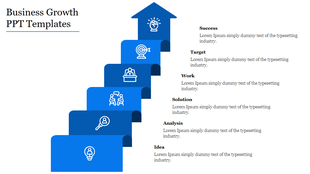 Business growth template featuring a six-step blue staircase with white icons and text aligned to the right.
