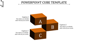 PowerPoint template with three stacked 3D cubes in brown and orange, labeled A, B, and C, each with a caption.