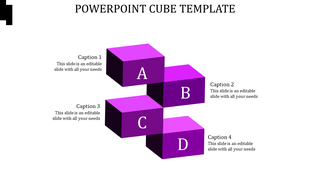 Four purple cubes labeled A, B, C, and D arranged in a stepped pattern, with captions aligned to the left and right.