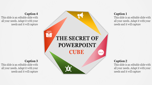 Cube template with a gray hexagon, divided into colored sections with icons and a title, surrounded by four caption areas.