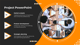 Project layout with three numbered triangles on the left, paired with a circular team photo framed by orange elements.