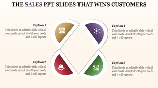 Sales PPT slide with four segments featuring icons for different sales related aspects with placeholder text.