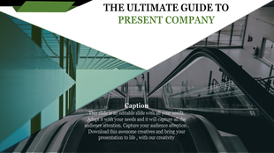 PowerPoint slide with an image of a modern building's escalator, with a design for presenting company information.