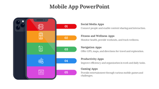 Vibrant mobile phone layout featuring red, orange, green, blue, and purple app sections aligned with text on the right.