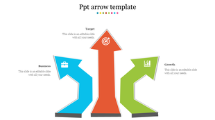 Three upward facing arrows in blue, orange, and green with icons and labels, arranged symmetrically on a white backdrop.