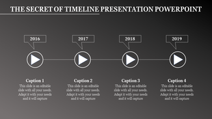 Timeline presentation PowerPoint template with years 2016 to 2019, showing progress with arrow icons.