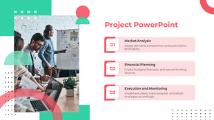Modern slide layout featuring a team collaborating image with three pastel pink text boxes and green geometric accents.