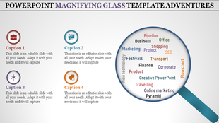 Slide design featuring a magnifying glass highlighting various words, with four captions and icons on the left.